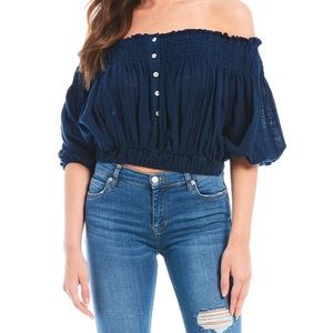 FREE PEOPLE OFF SHOULDER BLUE TOP  NEW LARGE